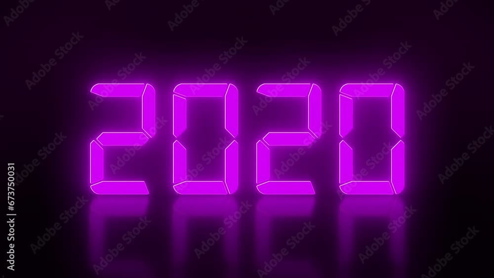 Poster video animation of an led display in magenta with the continuous years 2000 to 2024 on a reflective 