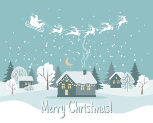 Winter landscape with cute houses, Santa on his sleigh with reindeers and the night sky. Merry Christmas greeting card template. Illustration in flat style. Vector