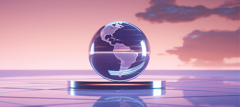 an image of a globe is shown against light purple light blue background, in the style of made of liquid metal, close up, sketchfab, curved mirrors