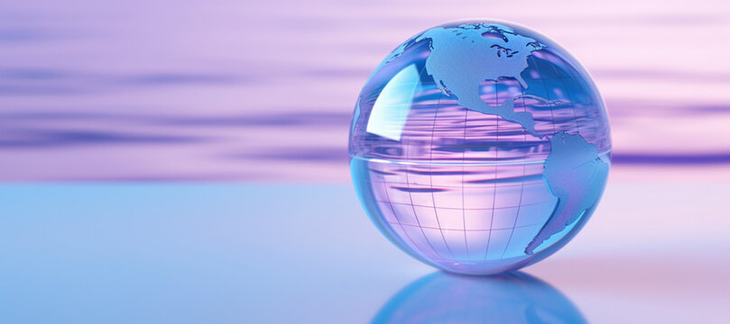 An image of a globe is shown against light purple light blue background, in the style of made of liquid metal,close up, sketchfab, curved mirrors