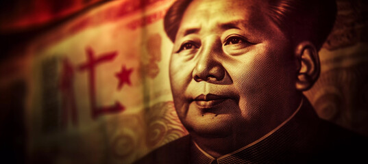 The emergence of China as a global economic superpower, with the strong Yen currency gaining ground at the expense of the US dollar, featuring Mao Zedong's face from the 100 yuan banknote -  copyspace