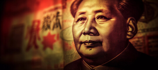 The emergence of China as a global economic superpower, with the strong Yen currency gaining ground at the expense of the US dollar, featuring Mao Zedong's face from the 100 yuan banknote -  copyspace