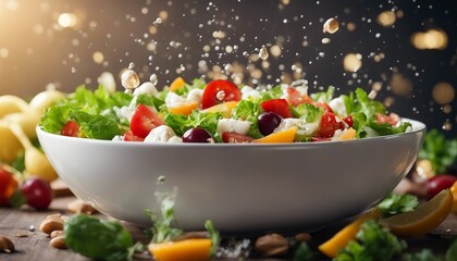 healthy and delicious salad bowl, exploding ingredients, copy space for text