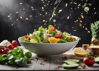 healthy and delicious salad bowl, exploding ingredients, copy space for text
