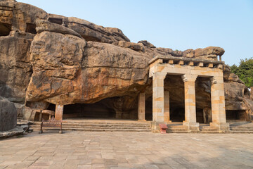 Rani Gumpha or cave of the queen"in udayagiri and khandagiri Caves bhubaneswar odisha India. Rani gumpha is a rock-cut two storied cave and it was built in the 2nd century BC by king kharavela.