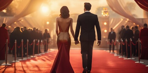 Red Carpet Radiance: Couple Embodying Glamorous Elegance. Generative ai