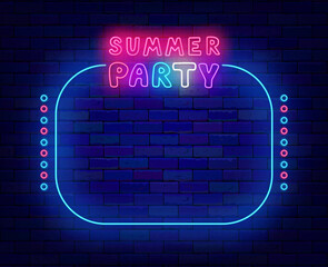 Season festival flyer. Summer party neon poster. Holiday celebration. Space for text. Vector stock illustration