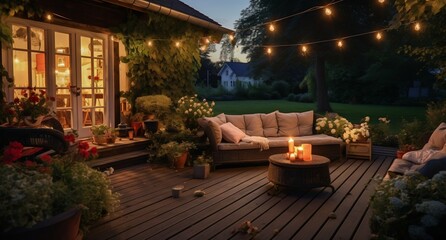 Suburban Serenity: Summer Evening Patio with Garden Lights and Wicker Decor. Generative ai