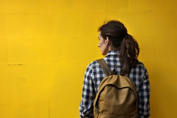 Obraz premium A woman with brown hair wearing a backpack and a gingham shirt facing a yellow wall. The style of a female student going to college. University concept