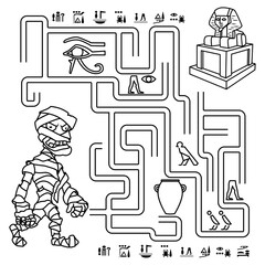 Puzzle for children. Labyrinth. You need to find the path of the terrible mummy to the sarcophagus. Coloring book for children