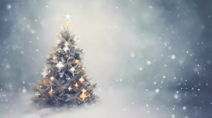 Chrismas decorations with snowflakes. Cute chrismas tree on a blurred background