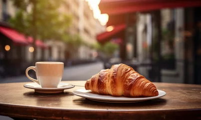 Foto op Canvas petit déjeuner parisien typique avec croissant et café sur une table de bistrot © Fox_Dsign