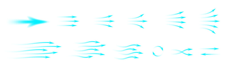 Set of blue arrows showing cold air conditioner direction. Mesh gradient Isolated on transparent background element