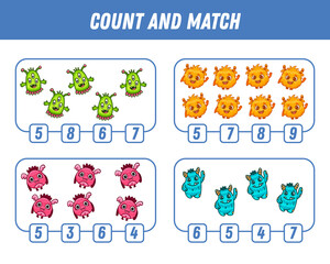 Education game for children count and match of cute cartoon monsters, printable worksheet. 