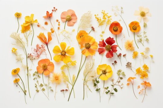 Beautiful assorted pressed orange and yellow flowers isolated on white