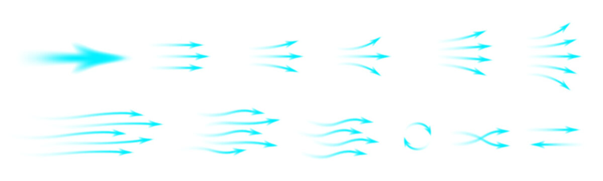 Set of blue arrows showing cold air conditioner direction. Mesh gradient Isolated on transparent background element