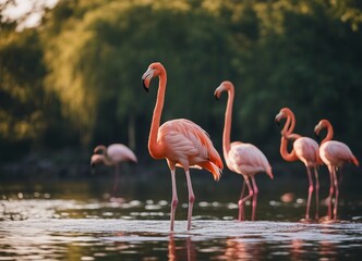 portrait of Flamingo standing at the river, summer time, other flamingos are blurry at background 