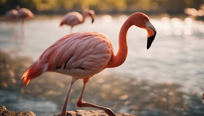 Fototapeta premium portrait of Flamingo standing at the river, summer time, other flamingos are blurry at background 