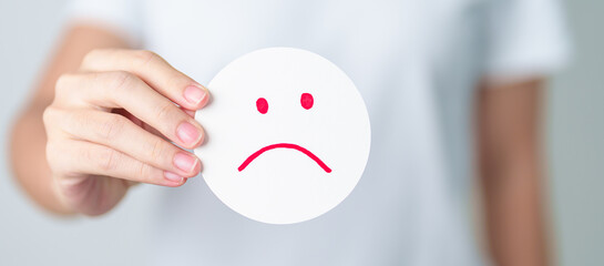 Woman show Unhappy Sad face paper, Mental health Assessment, Psychology, Health Wellness, Feedback,...