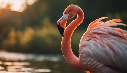 portrait of Flamingo standing at the river, summer time, other flamingos are blurry at background 