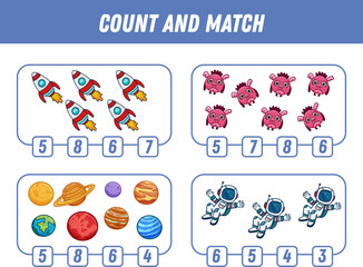 Education game for children count and match of space elements, cute cartoon monsters, planets, astronauts and rocket printable worksheet. Vector