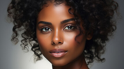Fototapeta premium Close-up of african model. Make-up, smooth skin, curly hair. Fashion, editorial concept.