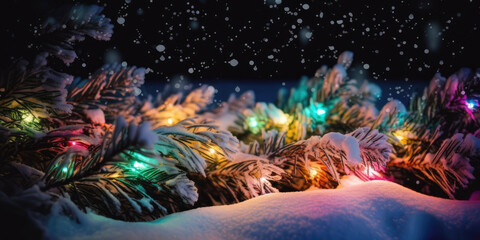 Snowy Christmas tree branches with Multicolor Christmas Lights. Abstract Christmas and New Year background, copy space