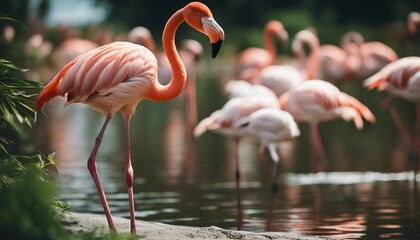 portrait of Flamingo standing at the river, summer time, other flamingos are blurry at background

