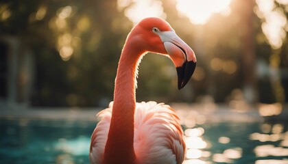portrait of Flamingo standing in the pool, summer time, in front of sunlight