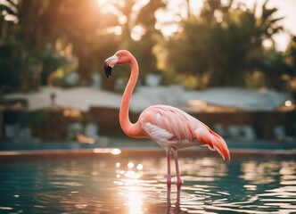 portrait of Flamingo standing in the pool, summer time, in front of sunlight
