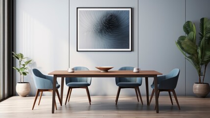 A mockup of a painting in a living room on a large brown table and blue chairs