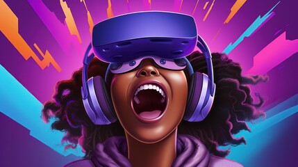VR experience of a black girl wearing a vr helmet and headset on a purple background