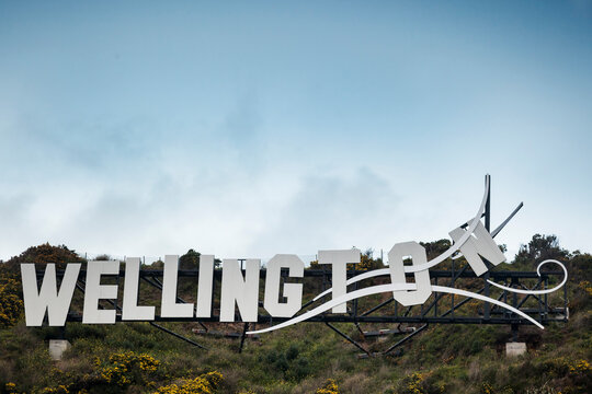 The windswept Wellington sign in Miramar, New Zealand