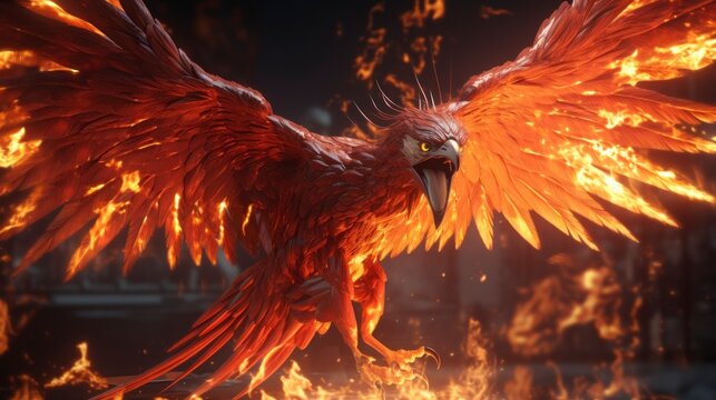 A photorealistic image of a burning phoenix bird with wings spread in a dark landscape