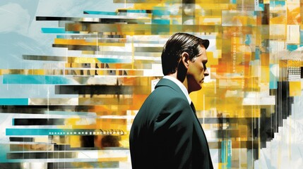 A digital art image of a cryptocurrency investor dressed in a suit on a colorful background
