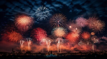 Multicolored fireworks explode in the night sky