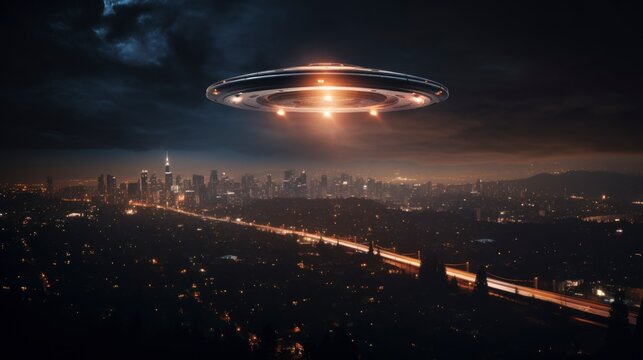 Alien spaceship flying through the night sky over an illuminated city