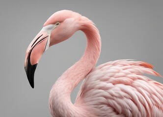 portrait of pink flamingo, isolated grey background