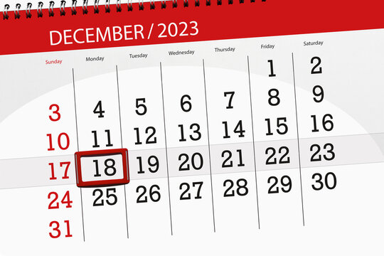 Calendar 2023, deadline, day, month, page, organizer, date, December, monday, number 18