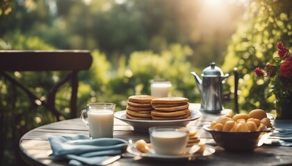 Summer outdoor breakfast table on patio. There is pancake, egg, orange juice, coffee, tea etc. - obrazy, fototapety, plakaty