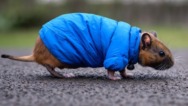AI generated illustration of a rat in a blue quilted jacket