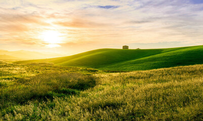 green field in countryside at sunset in the evening light. beautiful spring landscape in the mountains. grassy field and hills. rural scenery