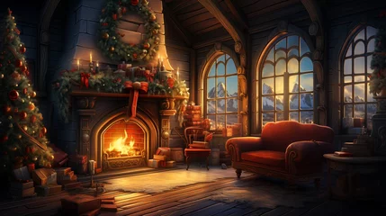 Fotobehang Interno di una casa addobbata a festa, Natale, luci soffuse serali, camino acceso © Michela