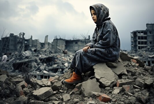 poor child in a destroyed and abandoned building. girl in dirty clothes after an earthquake or war.