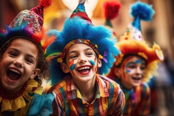 children dressed as clowns during carnival celebrations. - obrazy, fototapety, plakaty