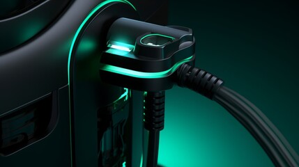 Electric Car Charging Device Still Life. Light Emerald & Dark Black. Colorful Moebius Vray Detail.