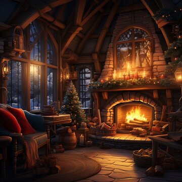 Interno di una casa addobbata a festa, Natale, luci soffuse serali