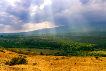 Fototapeta premium amazing landscape of yellow field and green valley in countryside with sun rays from cloudy sky