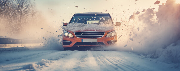 Car driving on snowdrift in bad weather conditions.