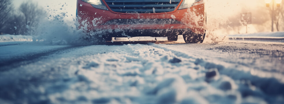 Car driving on snowdrift in bad weather conditions.